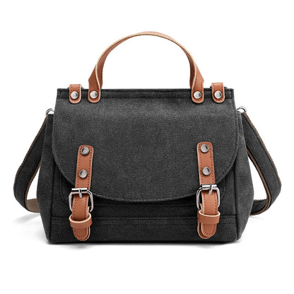 A stylish women's canvas crossbody handbag in an orange color, featuring a small square shape and a horizontal design.