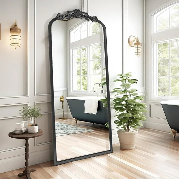 Elegant arch full-length wall mirror with a vintage-inspired ornate metal frame and high-definition glass for clear reflections