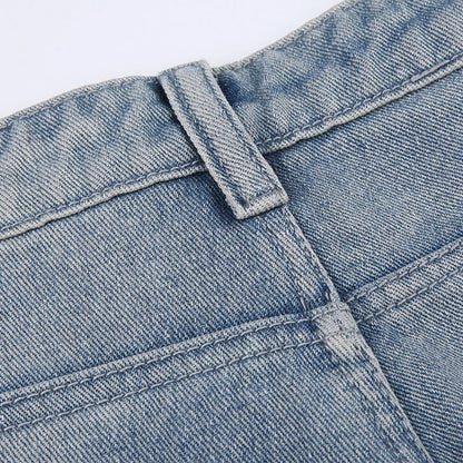 Premium embroidered high-rise straight leg denim jeans in a classic blue color