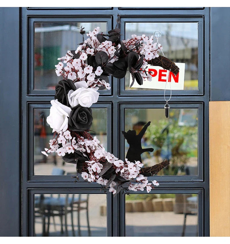 Halloween White Flower Black Rose Dried Wood Moon Cat Garland Ornaments