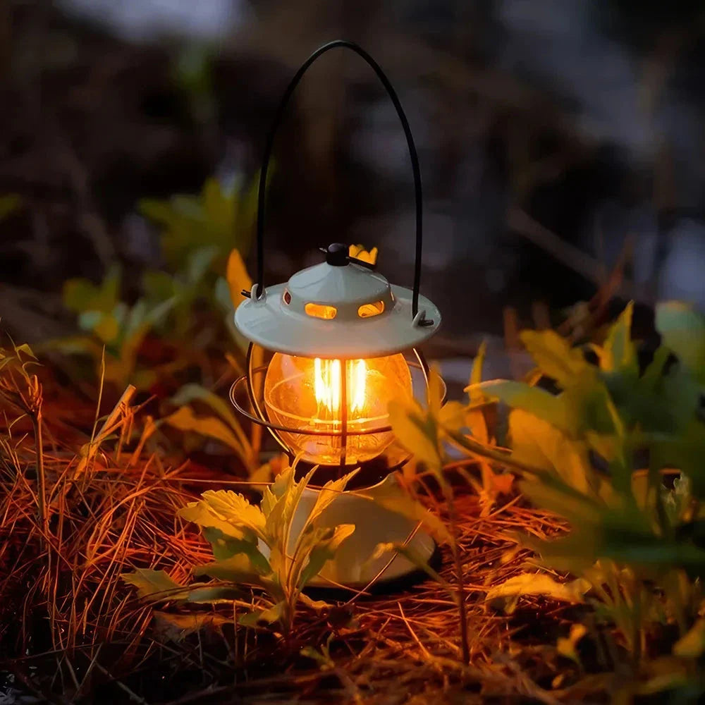Rechargeable LED Retro Camping Lantern with adjustable light modes, 200-hour runtime, and built-in power bank for outdoor adventures