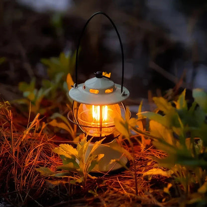 Rechargeable LED Retro Camping Lantern with adjustable light modes, 200-hour runtime, and built-in power bank for outdoor adventures