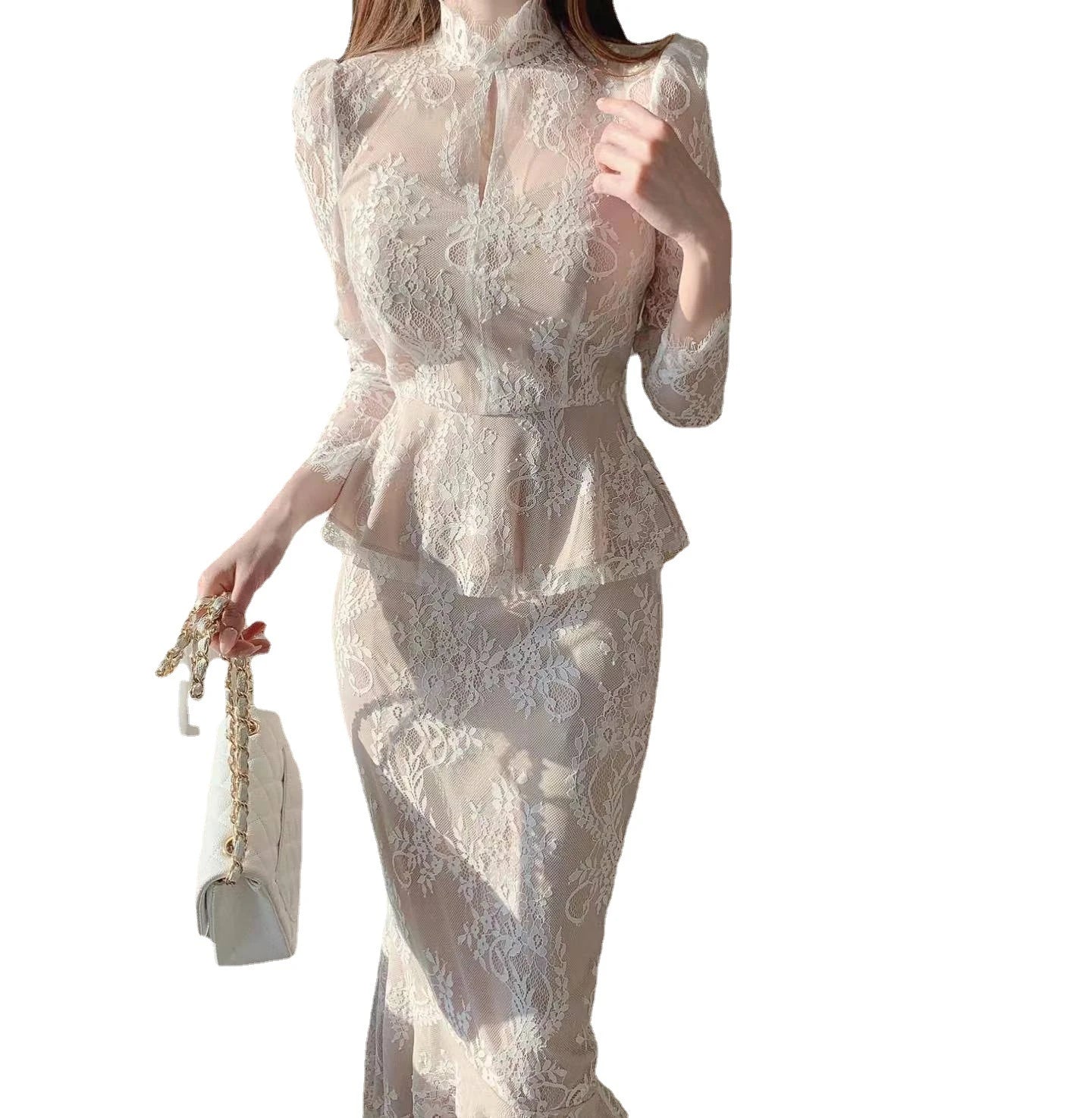 Elegant stand collar blouse with lace crocheted design and ruffled fishtail skirt in white and black colors