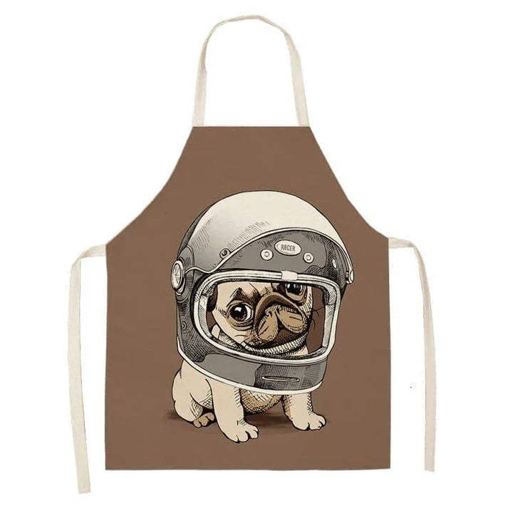 Charming pug-themed apron with a vibrant print, made of durable cotton and linen materials for practical kitchen use.