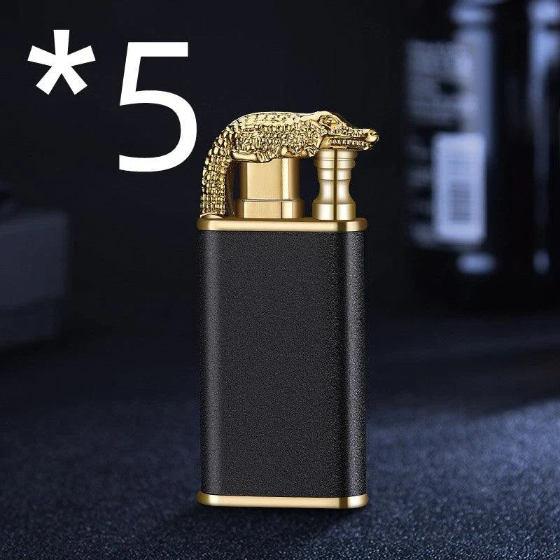 Multipurpose windproof lighter with a dragon or dolphin design, featuring a dual-flame and wind-resistant construction for versatile use.
