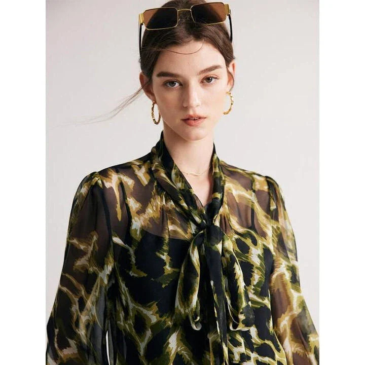 Hhomeenjoy Elegant Silk Blend Camouflage Blouse with Bow Collar