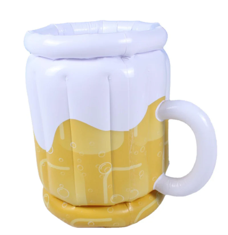 Oversized inflatable beer mug-shaped pool float with built-in cup holder for keeping drinks chilled and secure