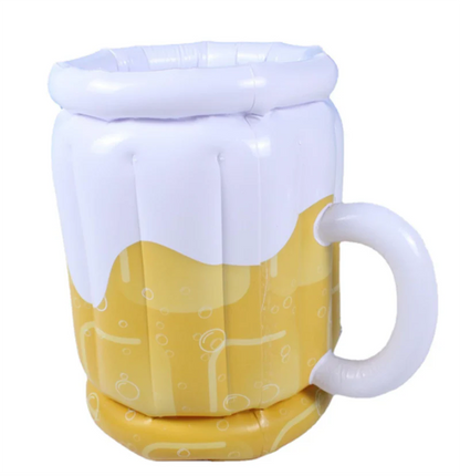 Oversized inflatable beer mug-shaped pool float with built-in cup holder for keeping drinks chilled and secure