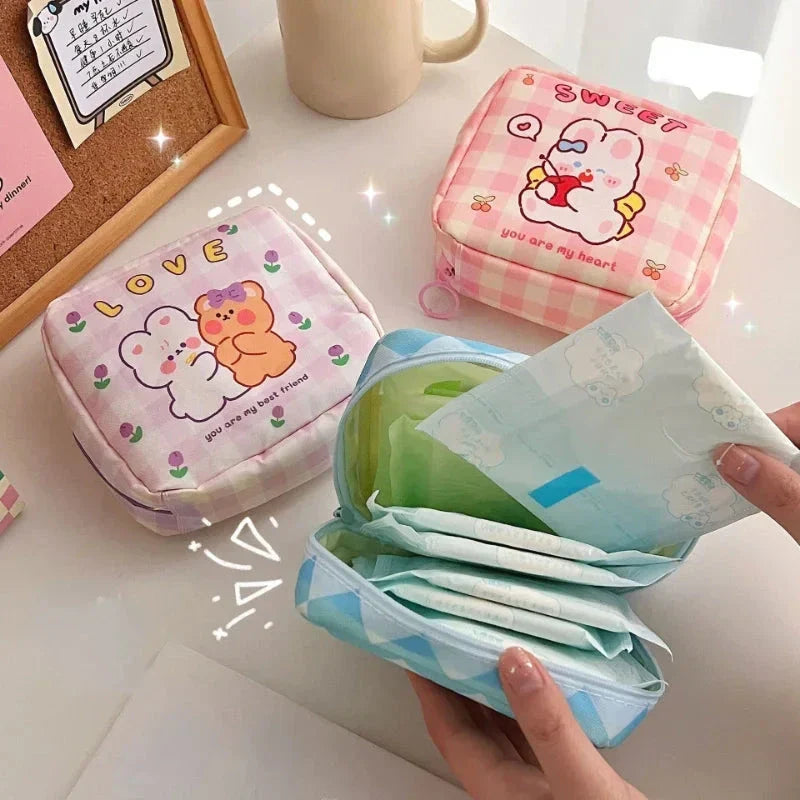 Adorable cartoon nylon cosmetic bag with secure zipper closure and compact, box-shaped design