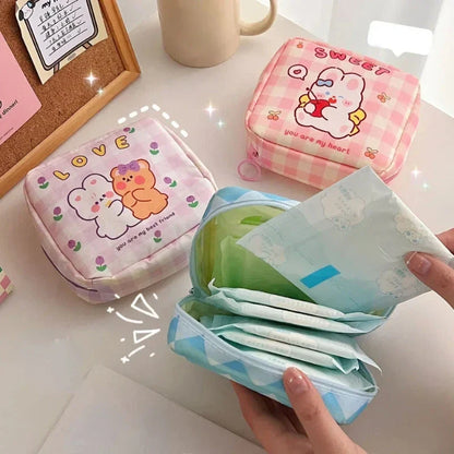 Adorable cartoon nylon cosmetic bag with secure zipper closure and compact, box-shaped design