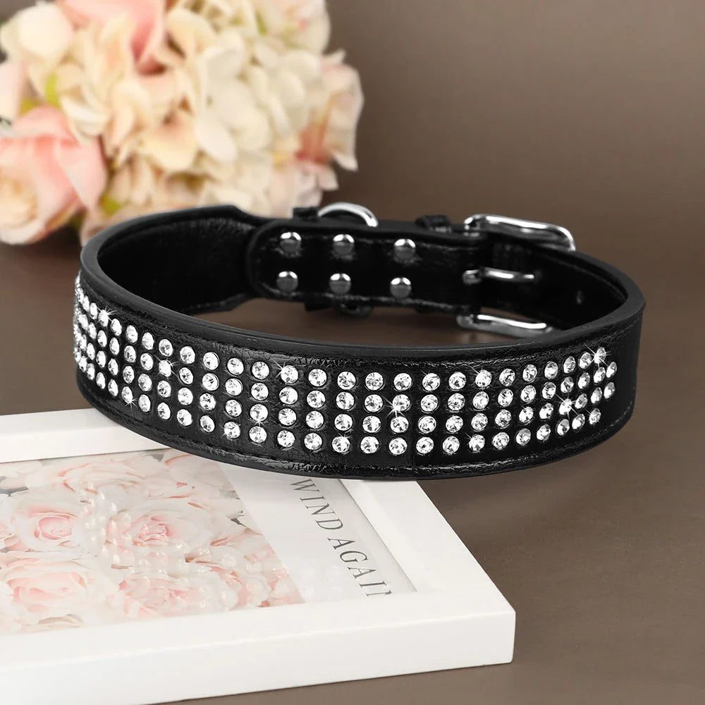 Sparkling rhinestone dog collar made of high-quality PU leather, available in multiple colors for medium and large dogs