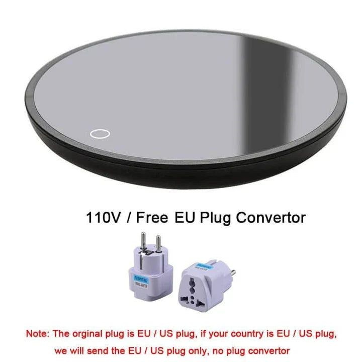 A modern and compact coffee cup warmer with an automatic shut-off feature for energy efficiency and temperature control.