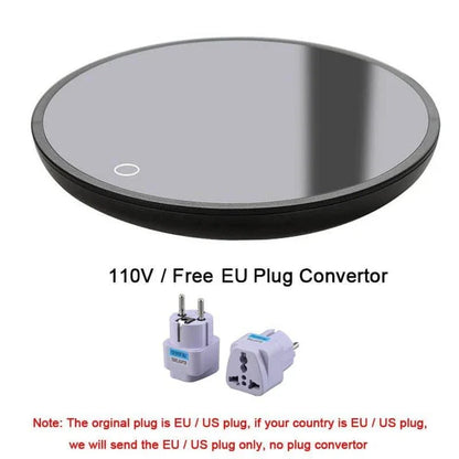 A modern and compact coffee cup warmer with an automatic shut-off feature for energy efficiency and temperature control.