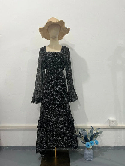 Elegant chiffon polka dot dress with flattering lotus leaf sleeves