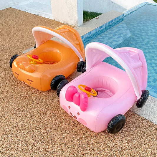 Inflatable car-themed swimming seat ring for kids with detachable sunshade and vibrant yellow color