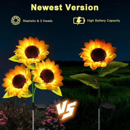 Realistic solar-powered sunflower garden lights for outdoor decor, illuminating a patio or backyard with a warm, enchanting glow.