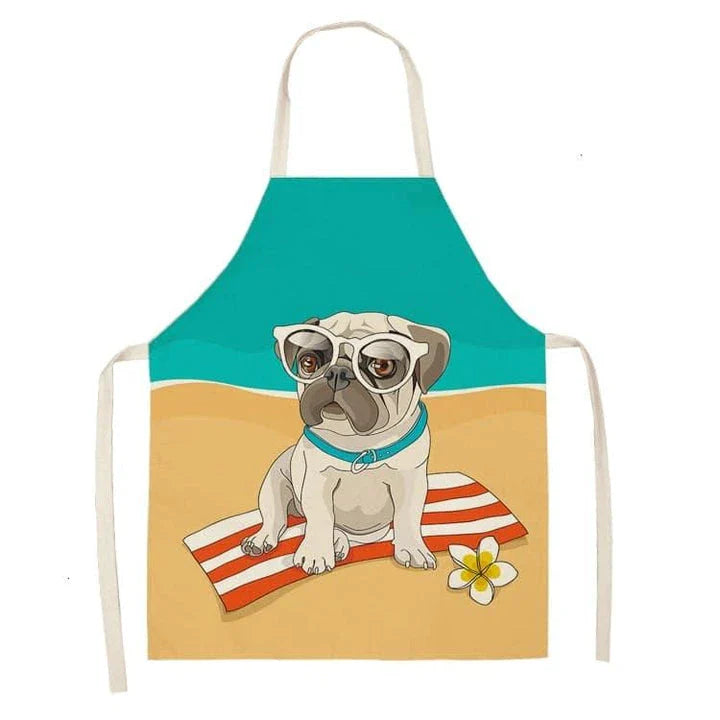 Charming pug-themed apron with a vibrant print, made of durable cotton and linen materials for practical kitchen use.
