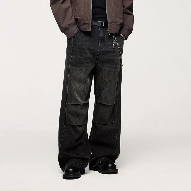 Men's relaxed fit retro straight-leg jeans in black, gray, and denim blue with vintage-inspired details