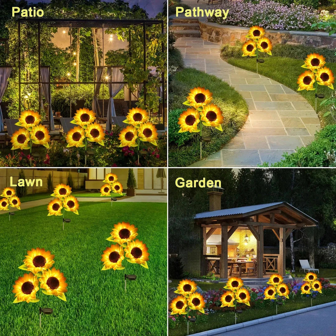 Realistic solar-powered sunflower garden lights for outdoor decor, illuminating a patio or backyard with a warm, enchanting glow.