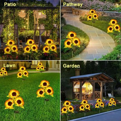 Realistic solar-powered sunflower garden lights for outdoor decor, illuminating a patio or backyard with a warm, enchanting glow.