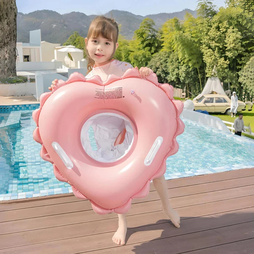 Inflatable pool float and swim ring seat for kids with sturdy handles and comfortable cotton pocket