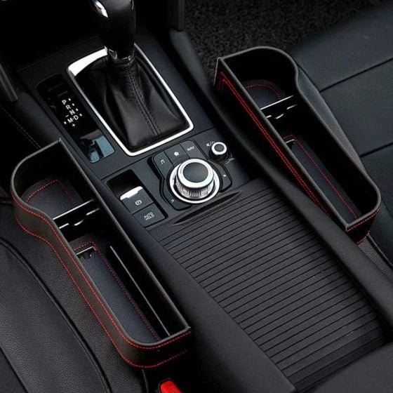 Multifunctional Car Seat Organizer with dedicated slots for phones, chargers, drinks, and cards, featuring a stylish polyurethane leather design.