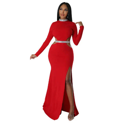 Stylish and flattering waist-accentuating split dress in solid colors, made from premium polyester fabric for comfort and versatility.