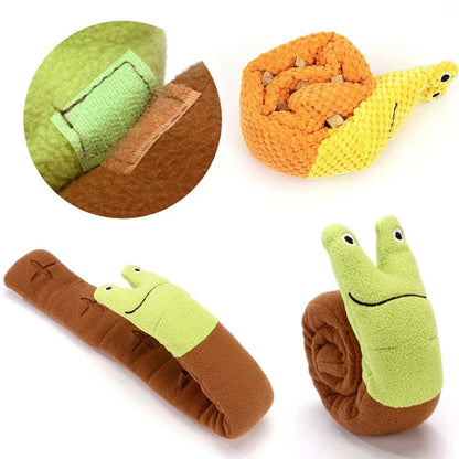 Interactive plush snail-shaped snuffle mat toy with hidden treat pockets and sound generator for dogs