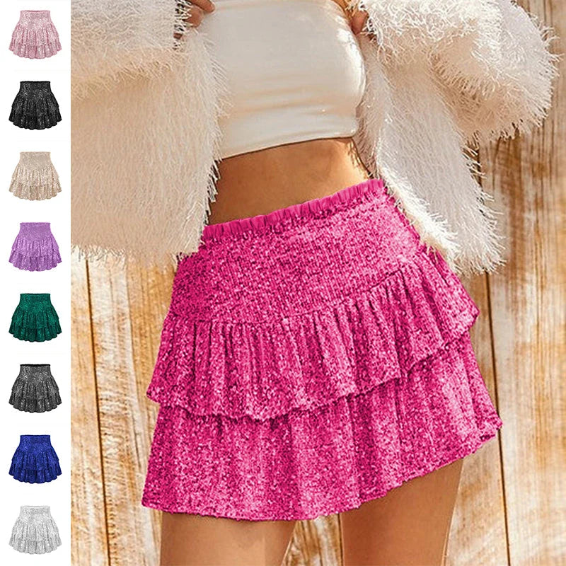 A shimmering sequin-embellished pleated skirt in a stylish rose red color, perfect for party nights and special occasions.