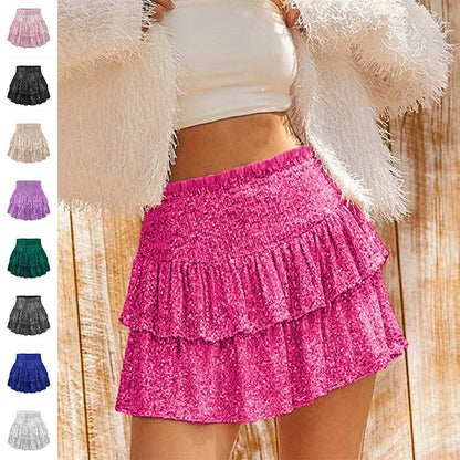 A shimmering sequin-embellished pleated skirt in a stylish rose red color, perfect for party nights and special occasions.
