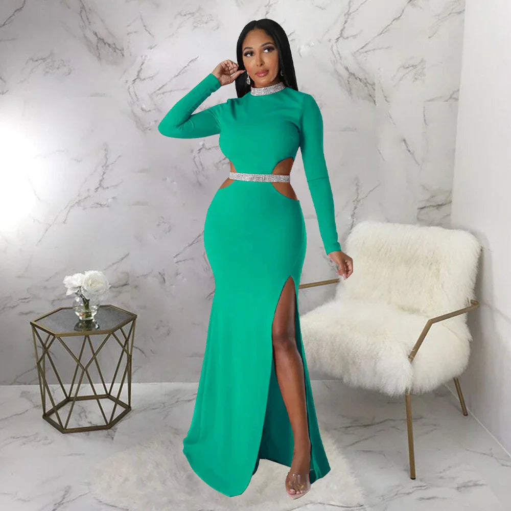 Stylish and flattering waist-accentuating split dress in solid colors, made from premium polyester fabric for comfort and versatility.