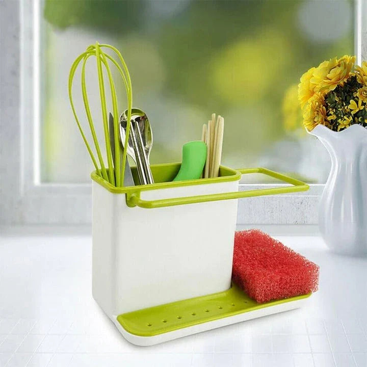 Multifunctional sink organizer with storage compartments, drying rail, and drip tray for a tidy kitchen countertop