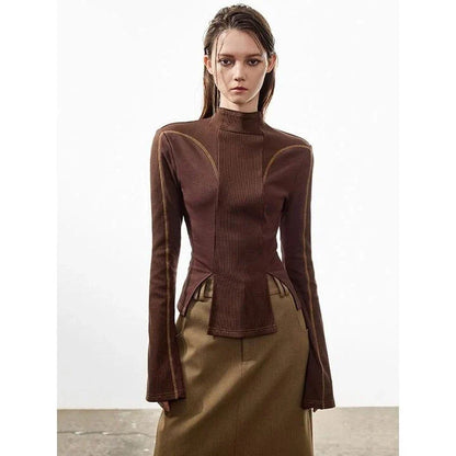 Chic Slim-Fit Knitted Pullover in Brown and Black colors, showcasing the sleek half-high collar and flattering split hem design.