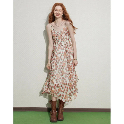 Elegant French floral midi dress with V-neck and spaghetti straps for a sophisticated, versatile look