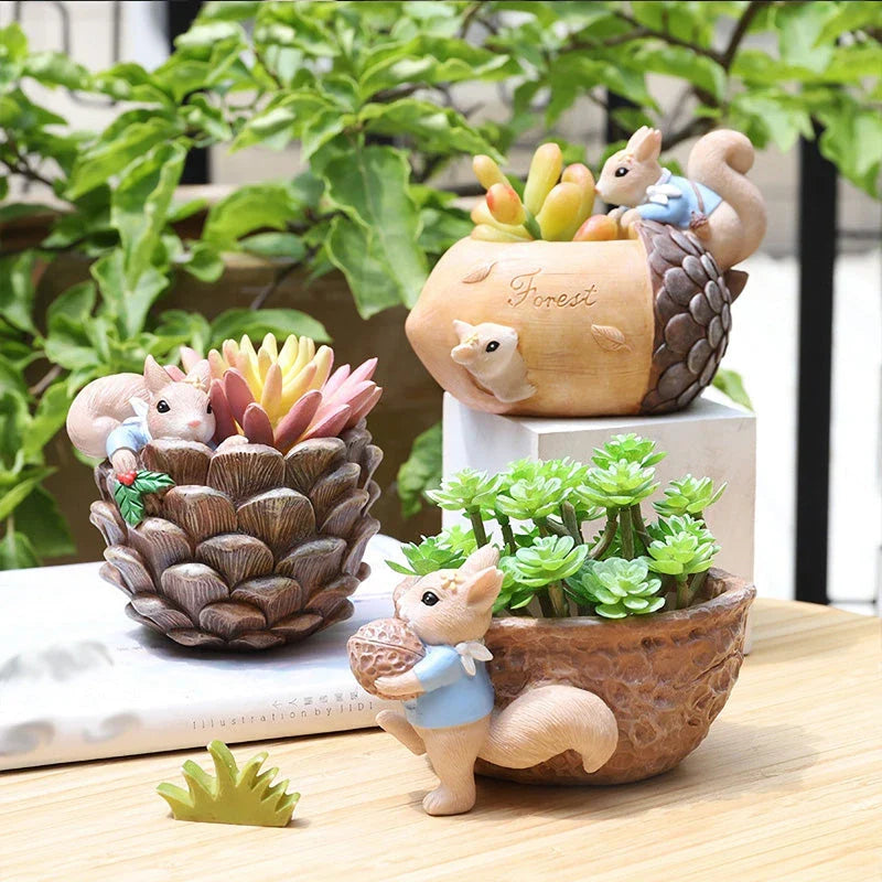 Cartoon squirrel-shaped succulent planter with drainage hole for healthy plant growth