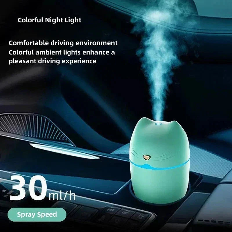 Compact and ultra-quiet car humidifier with large 260ml water tank, efficient mist output, and aromatherapy function for a serene driving experience