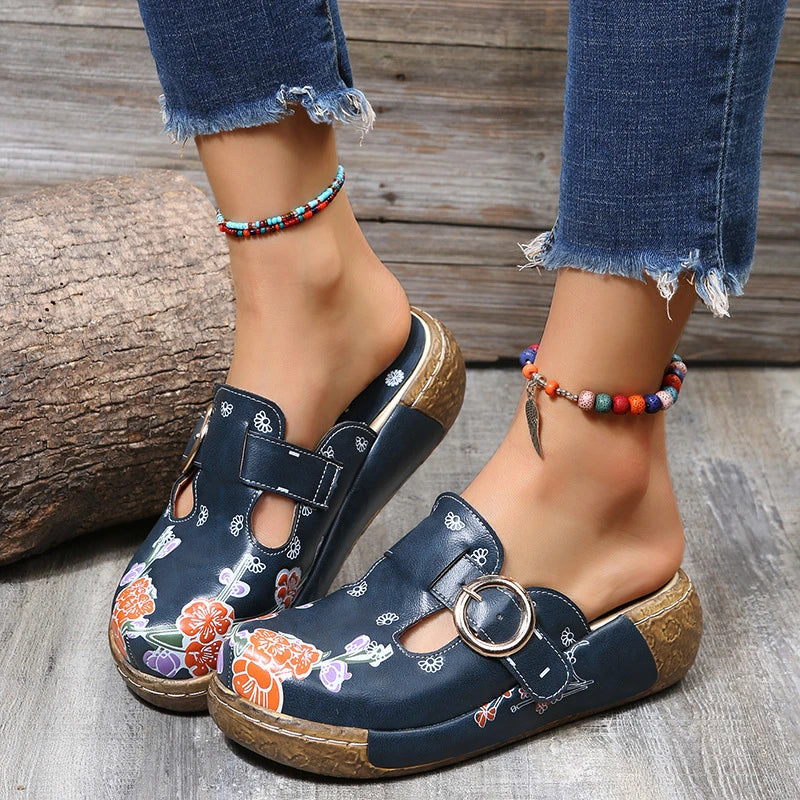 Elegant plum blossom totem design on comfortable women's sandals and slippers with flexible PU sole