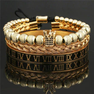 Crown-inspired braided bracelet set with stainless steel and copper construction for a retro-chic American and European style