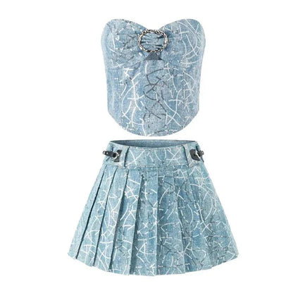 90s Retro Sequin 2-Piece Skirt Set with Off-the-Shoulder Corset Top and Mini Pleated Skirt