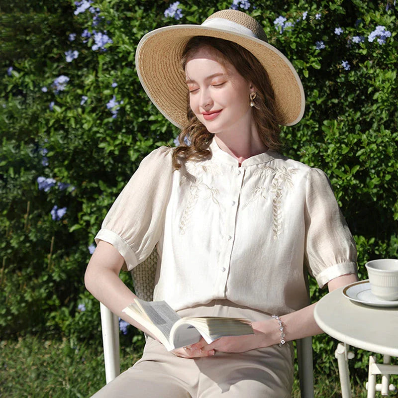 Elegant puff sleeve Chinese-inspired silk blend blouse with sophisticated design