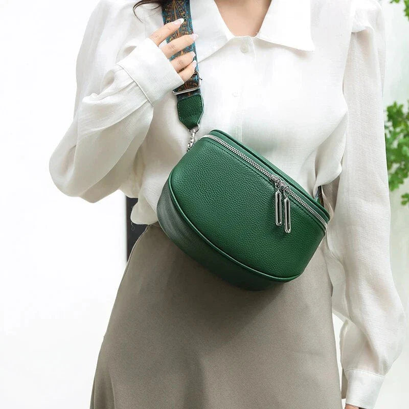 Chic genuine leather shoulder and crossbody bag for women in green color with a sleek, minimalist design