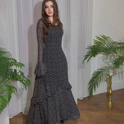 Elegant chiffon polka dot dress with flattering lotus leaf sleeves