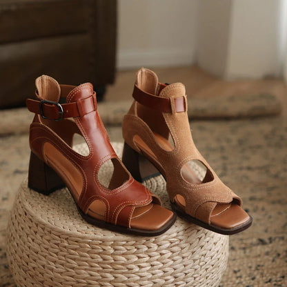 Elegant leather gladiator sandals with adjustable buckle closure and square high heel for stylish summer occasions