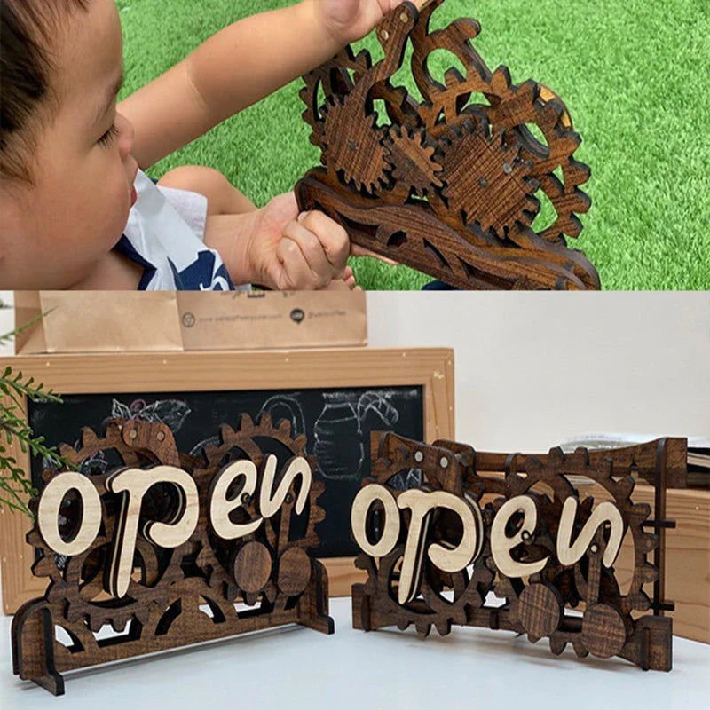 Rustic wooden open/closed sign with manual gear mechanism, suitable for home, office, or retail use
