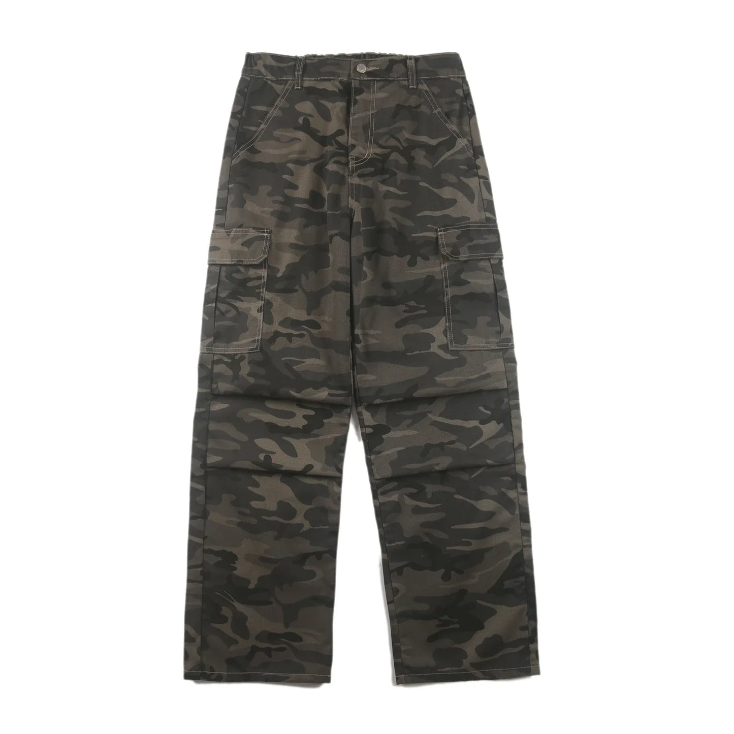 Stylish paratrooper denim trousers with a mid-waist silhouette and straight leg cut, featuring a camouflage pattern and premium cotton construction for rugged, versatile wear.