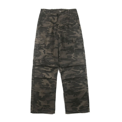 Stylish paratrooper denim trousers with a mid-waist silhouette and straight leg cut, featuring a camouflage pattern and premium cotton construction for rugged, versatile wear.