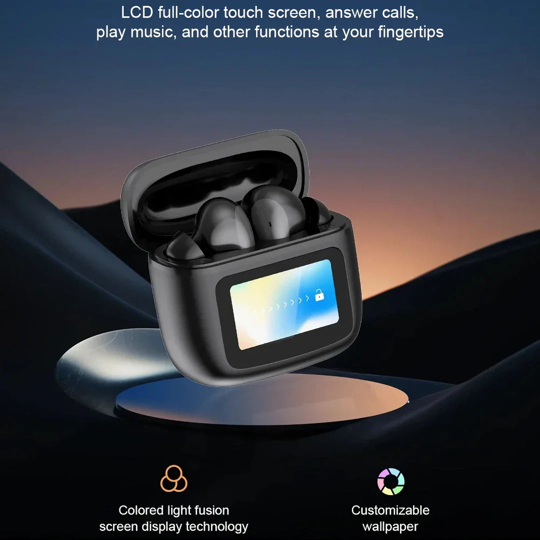 Advanced ANC wireless earphones with smart touchscreen charging case for seamless audio control