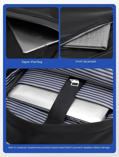 A large, simple, and stylish backpack made of durable nylon material with multiple compartments for organized storage and comfortable shoulder straps for easy carry.