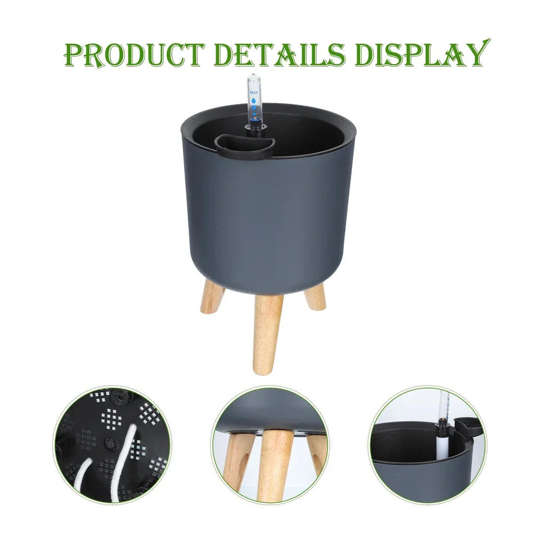 A modern self-watering planter with a wooden stand, designed to simplify indoor gardening and enhance any space with its chic and functional features.