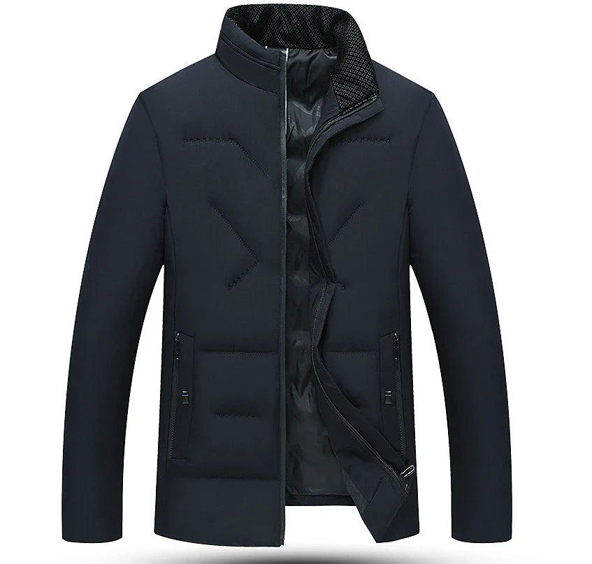 Cozy padded jacket with stand collar and full-zip closure, available in gray, black, and navy blue colors